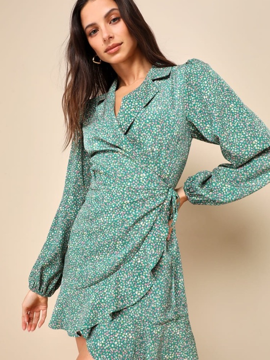 Lulus Dresses & Skirts - Lulus Totally Cute Time Green Floral Wrap Mini Dress NWT Small Ruffle Hem